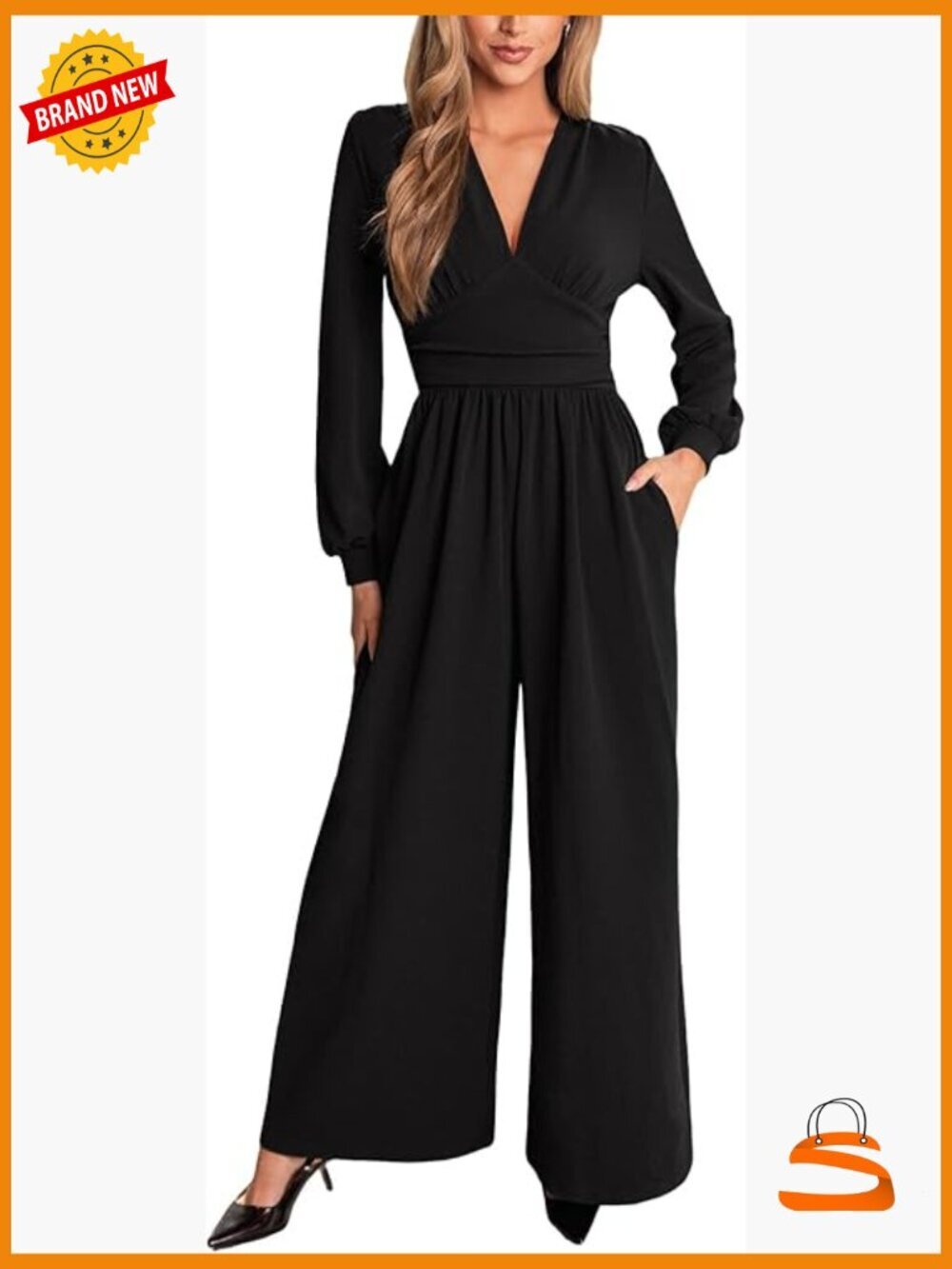 Women's Plunging Long Sleeve Wide Leg Jumpsuit Romper Casual Dressy